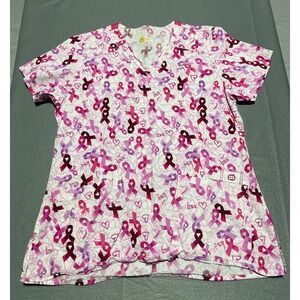 WonderFlex Breast Cancer Awareness Ribbon Scrub Top Pink Purple Medium